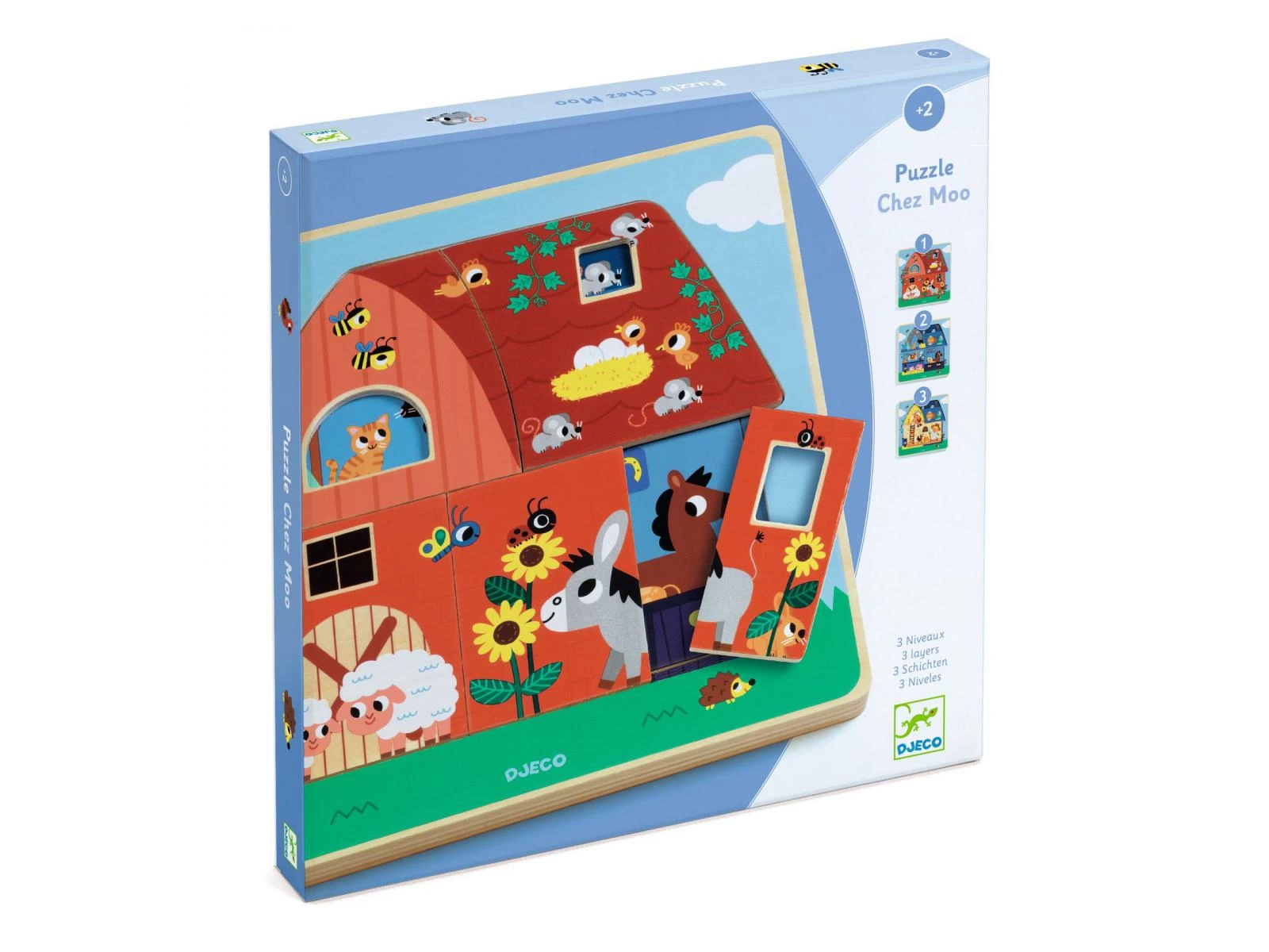 Djeco DJ01482 - Puzzles Bois 3 Niveaux - Chez Moo 1 Djeco DJ01482 - Puzzles Bois 3 Niveaux - Chez Moo